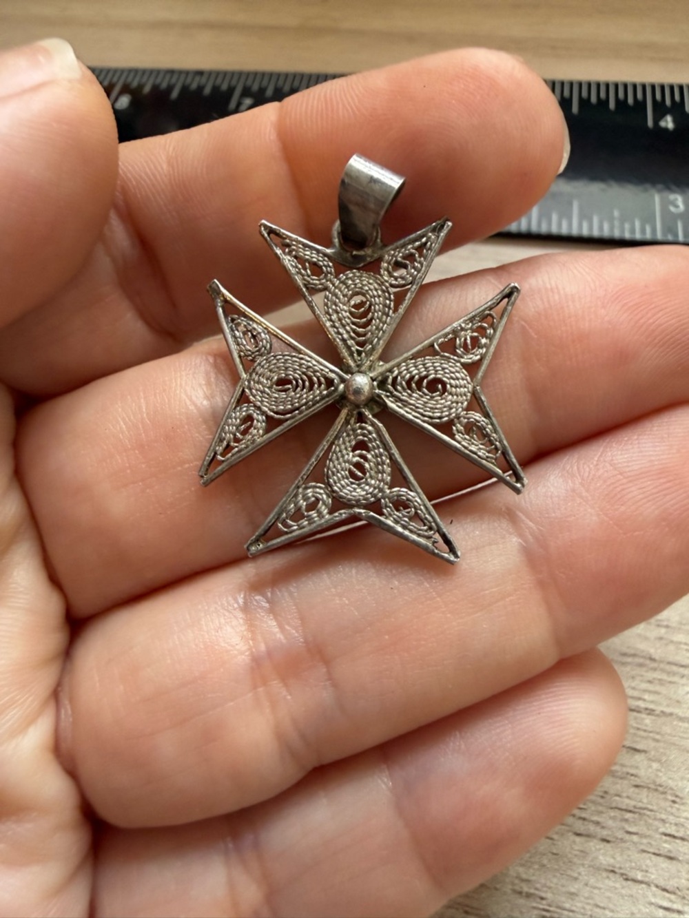 Vintage SOS 900 Silver Maltese Cross Filigree Pendant Mediterranean 8 Pointed